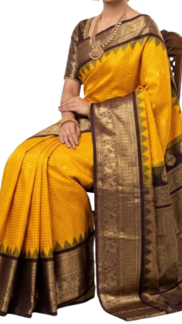 Traditional Mustard Yellow & Chocolate Brown Gadwal Silk Saree with Zari Border