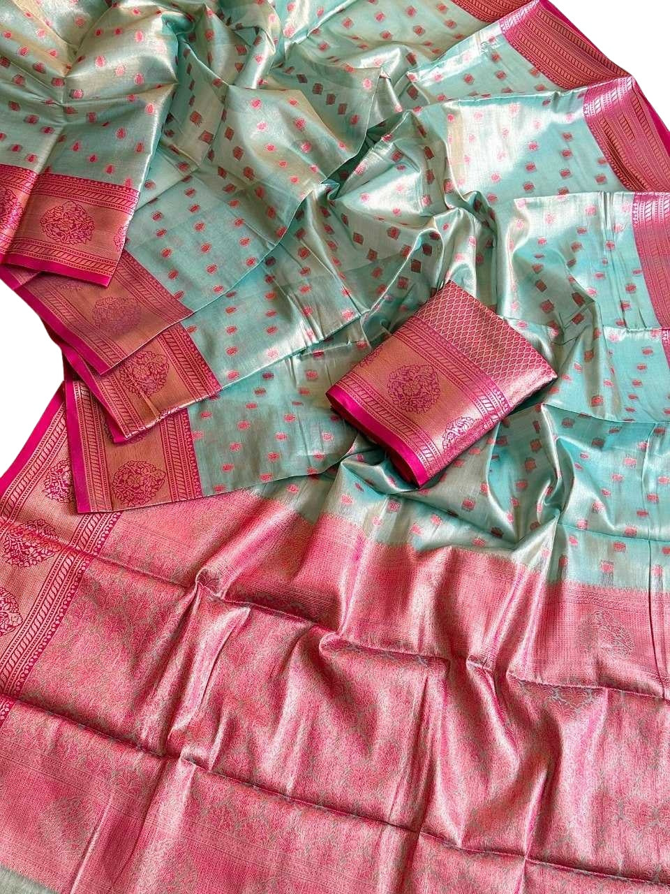 Turquoise and Pink Tussar Silk