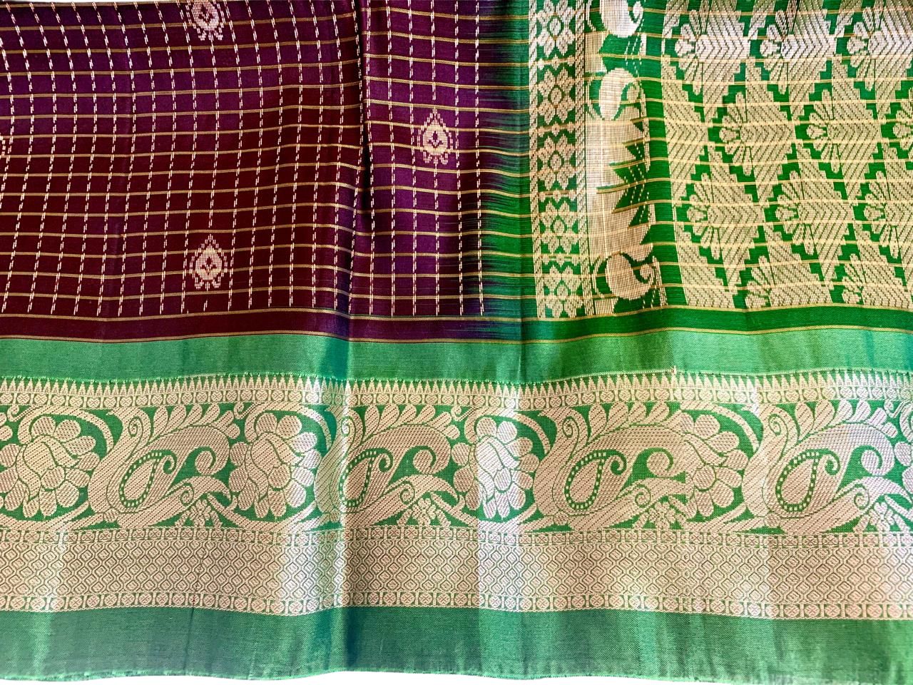 Brown and Green Kanjeevaram Silk Saree with Gold Zari Checks