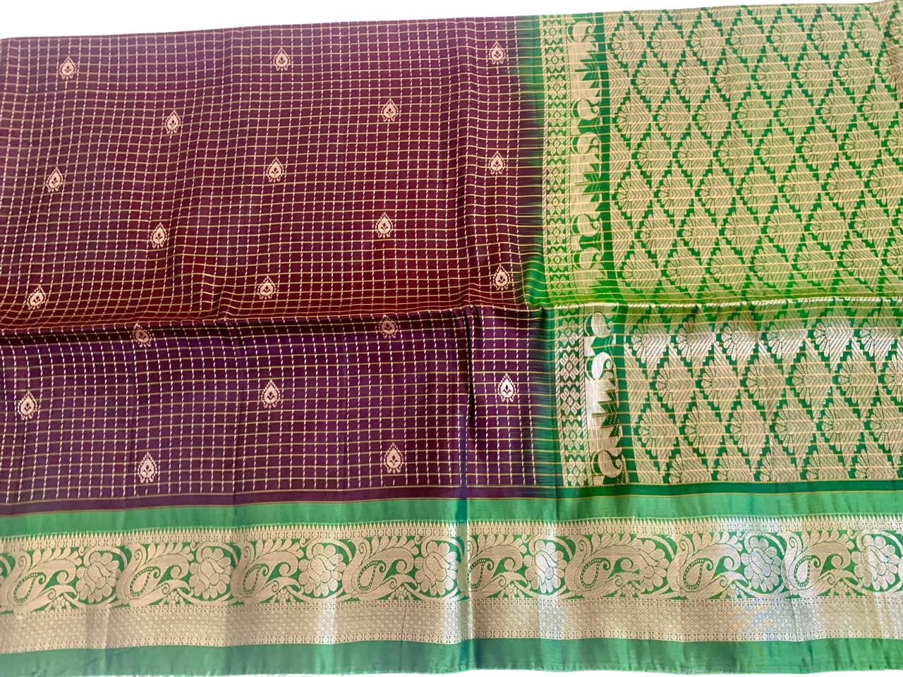 Brown and Green Kanjeevaram Silk Saree with Gold Zari Checks