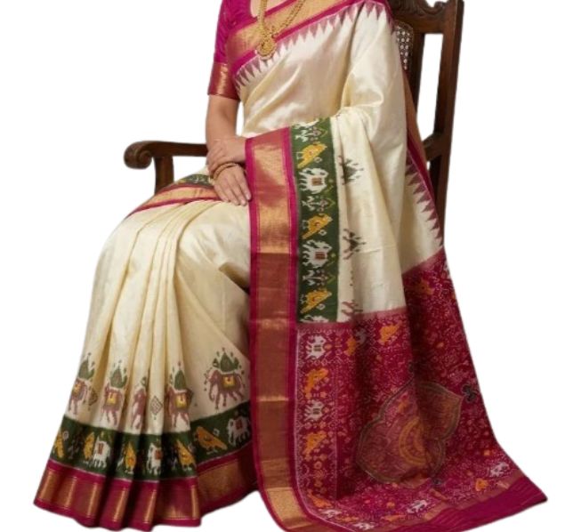 Pure Handloom Ikkat Silk Saree in Cream & Magenta