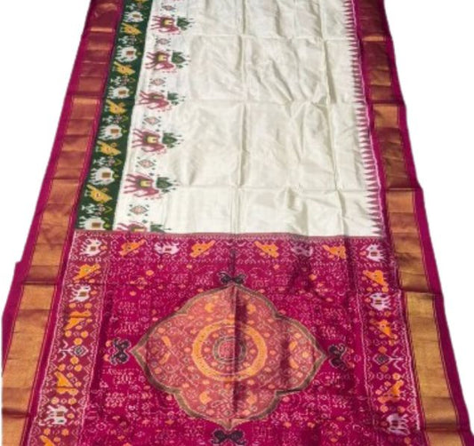 Pure Handloom Ikkat Silk Saree in Cream & Magenta