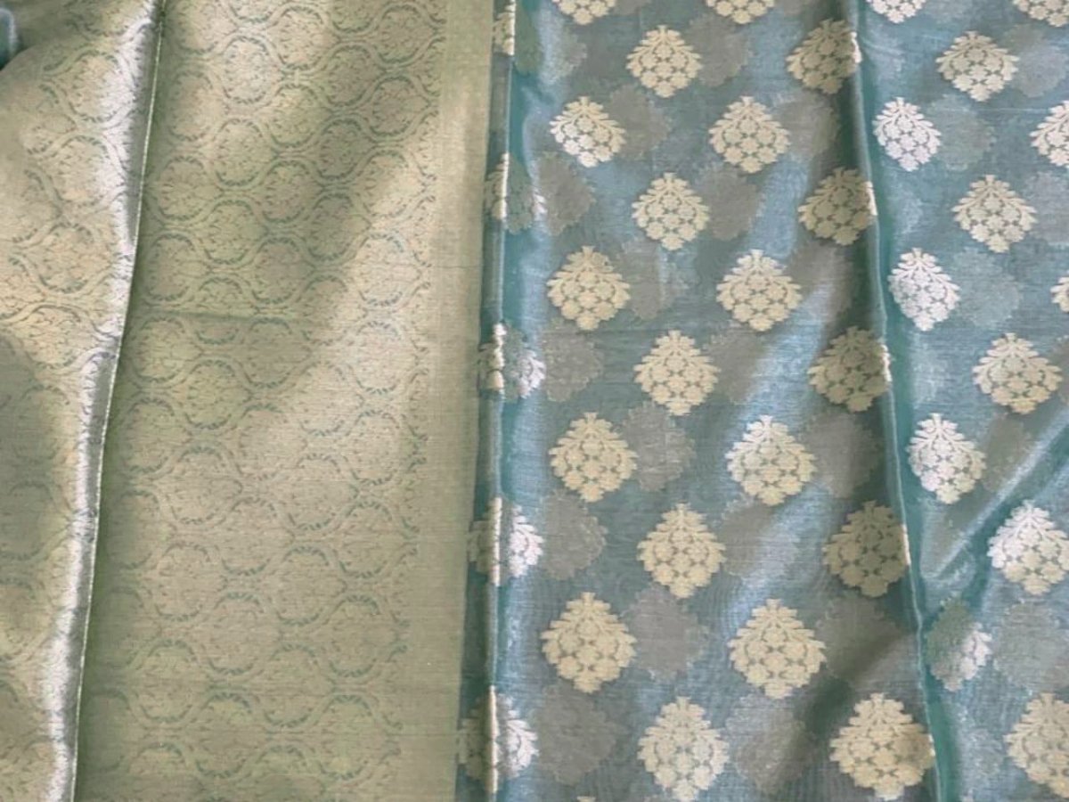 Aqua Blue Semi Banaras Saree - GET ESSENTIAL