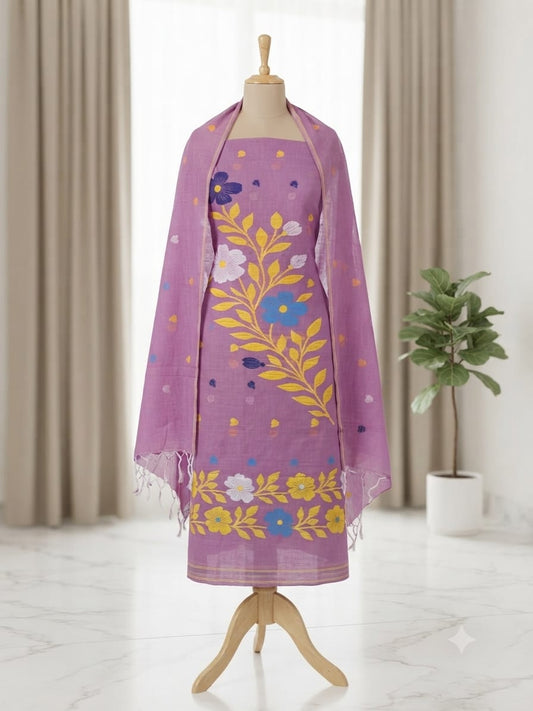 A lavender purple dupatta with yellow floral embroidery and blue accents.