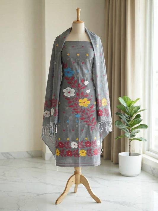 A gray embroidered dress with a matching gray shawl draped over the shoulders. The fabric features colorful floral embroidery in red, yellow, blue, and white.