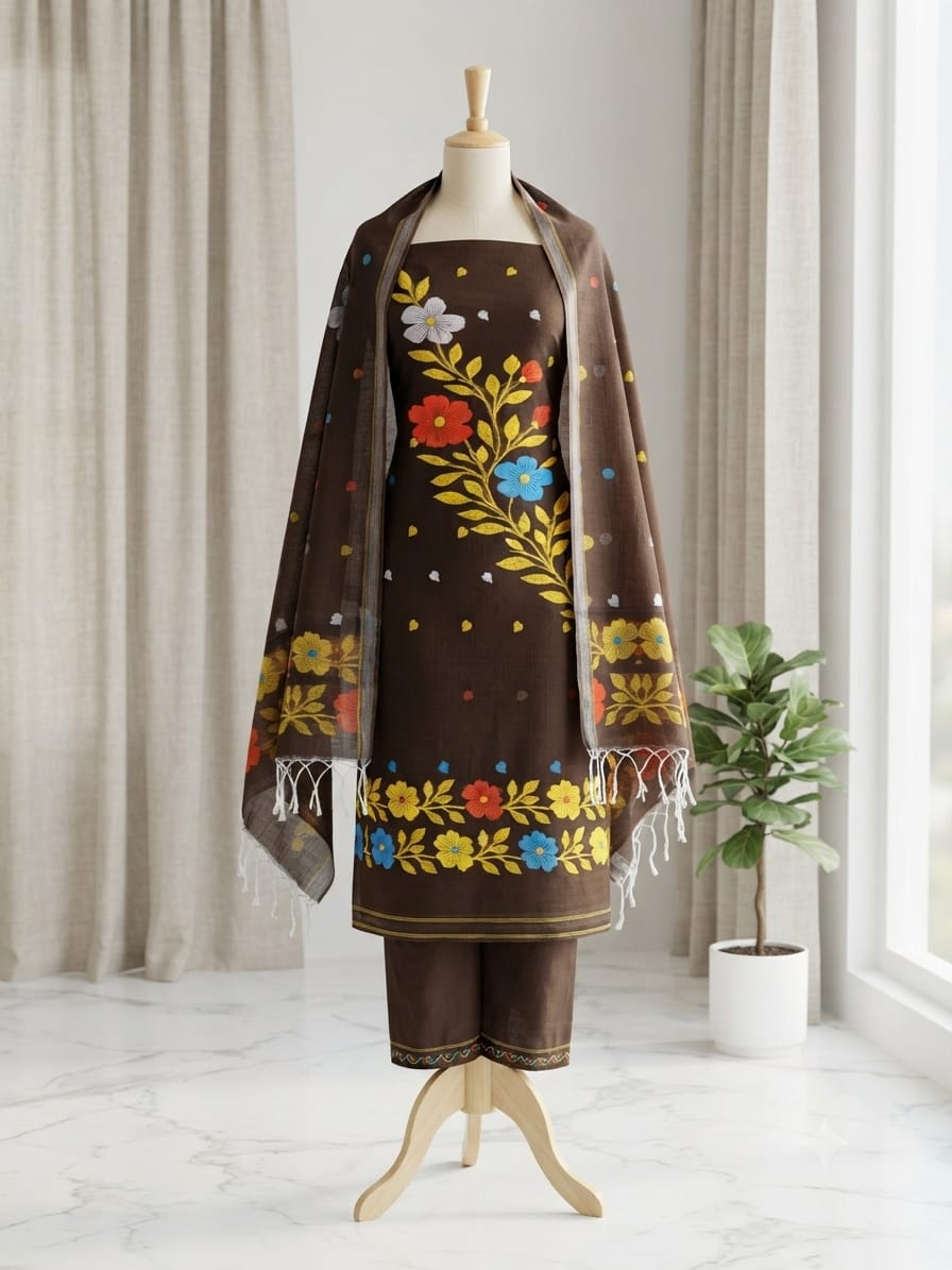 A brown traditional outfit featuring a kurta with colorful floral embroidery, matching pants, and a matching shawl draped over the shoulders.