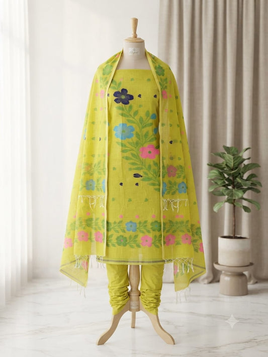 A three-piece women's salwar kameez suit set in bright yellow, the set includes a printed yellow kameez top, matching yellow trousers, and a coordinating yellow dupatta with colorful floral embroidery.