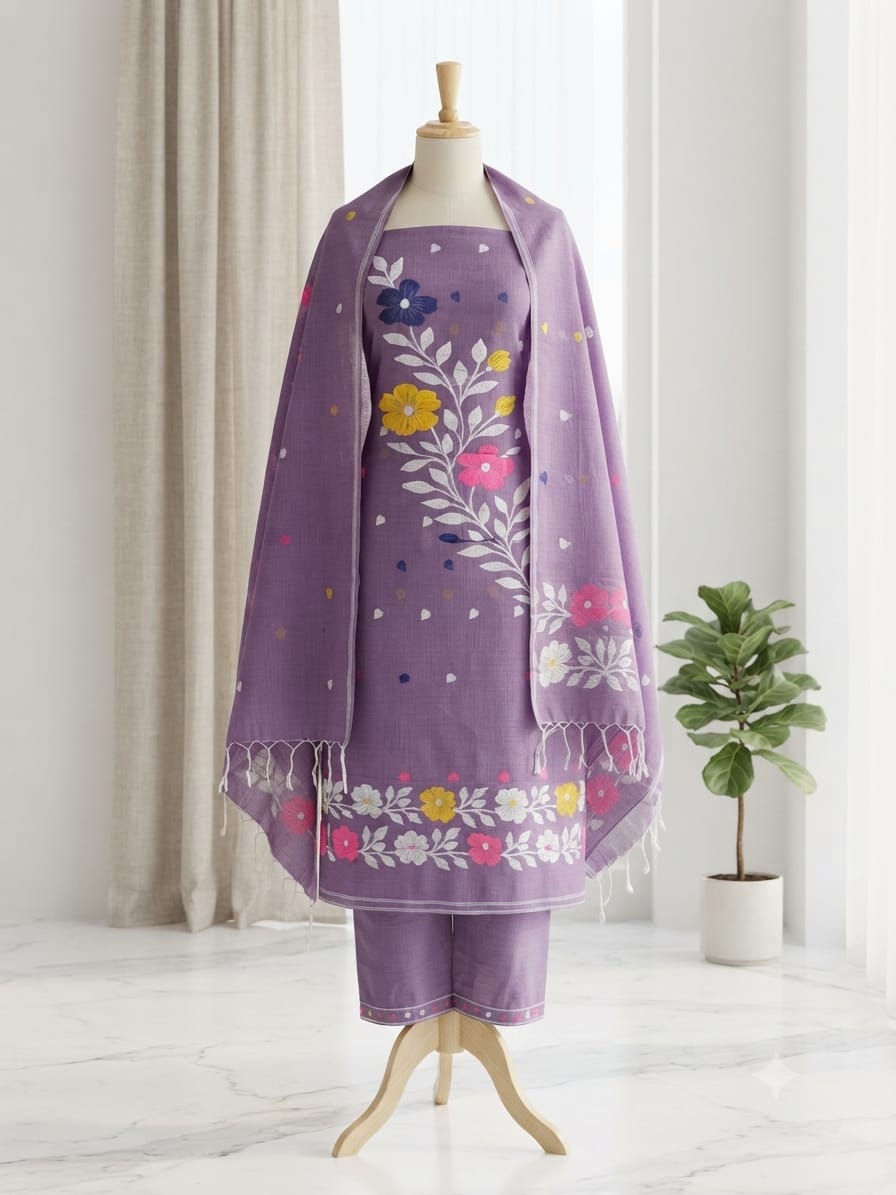 A purple traditional outfit , featuring a kurta with colorful floral embroidery, matching pants, and a draped shawl.
