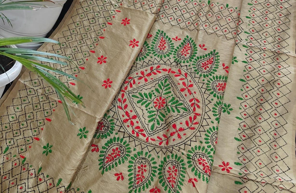 CHANDERI SAREE WITH PHULKARI WORK