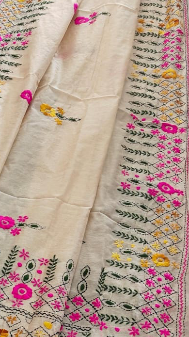 LINEN CHANDERI SAREE WITH PHULKARI WORK