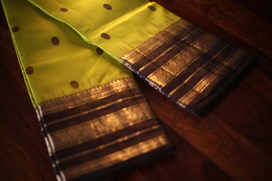 Lime Green Kanjeevaram Silk Saree with Espresso Brown Zari Border