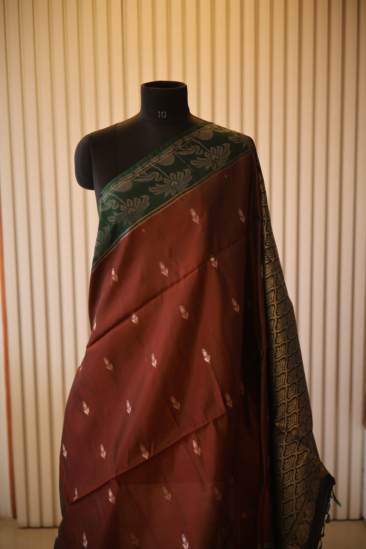 Rust Brown and Green Kanjeevaram Silk Saree with Zari Weave