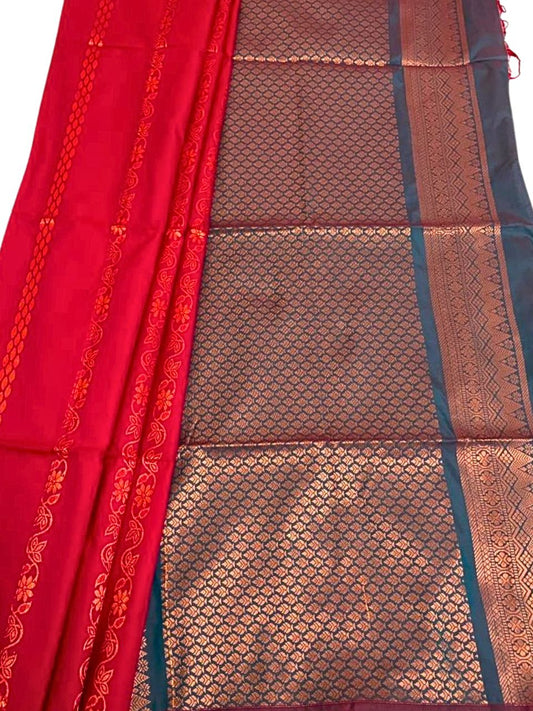 Red Soft Silk Saree with Blue Border