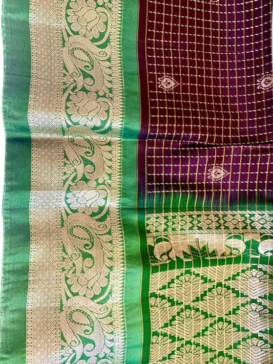 Brown and Green Kanjeevaram Silk Saree with Gold Zari Checks