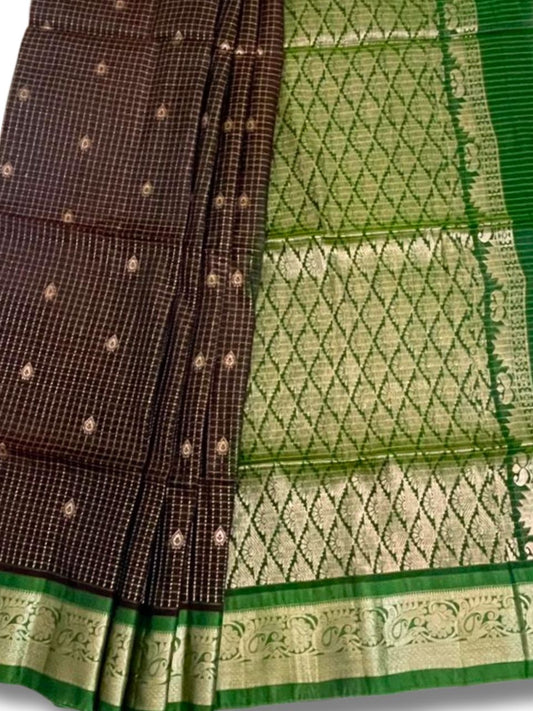 Brown and Green Kanjeevaram Silk Saree with Gold Zari Checks