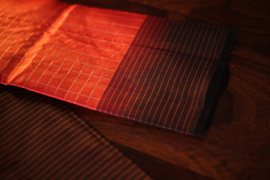 Vintage Kanjeevaram Silk Saree with Orange & Deep Coffee Brown Border