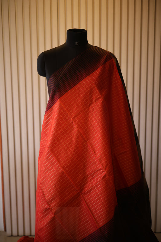Vintage Kanjeevaram Silk Saree with Orange & Deep Coffee Brown Border