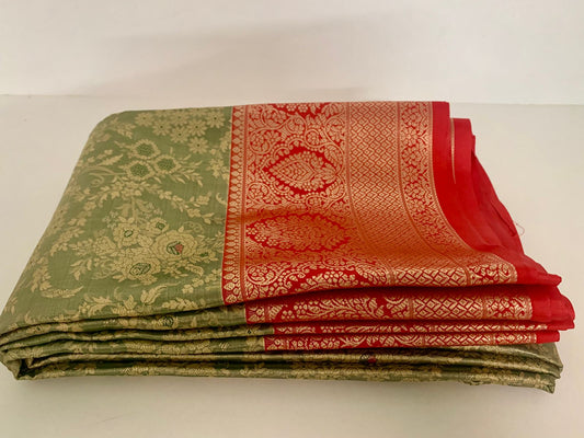 Olive Green and Red Kanjeevaram Silk Saree
