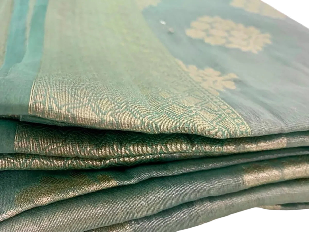 Aqua Blue Semi Banaras Saree - GET ESSENTIAL