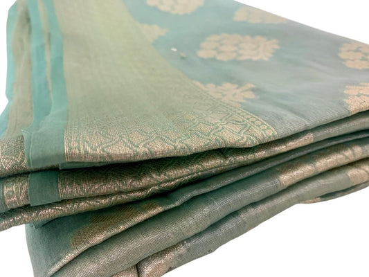 Aqua Blue Semi Banaras Saree - GET ESSENTIAL
