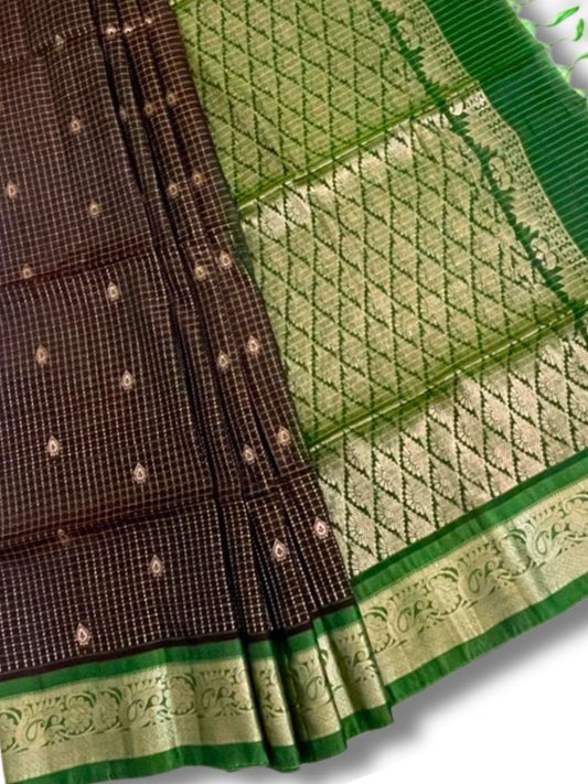 Brown and Green Kanjeevaram Silk Saree with Gold Zari Checks - GET ESSENTIAL
