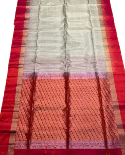 Classic Cream & Red Zari Striped Soft Silk Saree - GET ESSENTIAL