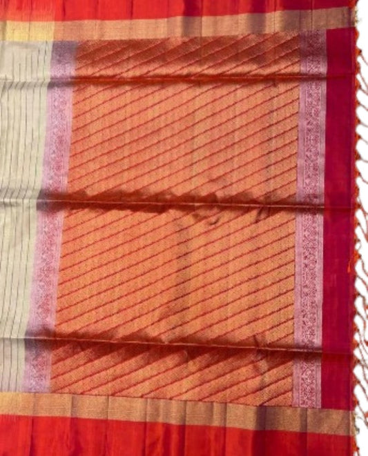 Classic Cream & Red Zari Striped Soft Silk Saree - GET ESSENTIAL