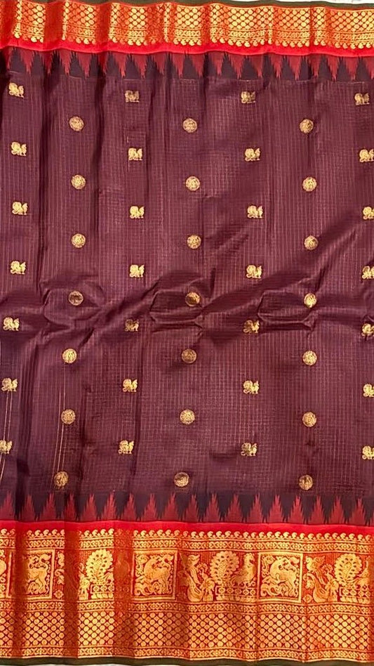 Gadwal Silk Saree in Maroon & Crimson Red with Gold Zari Weave - GET ESSENTIAL