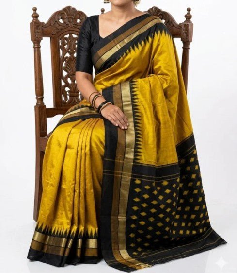 Golden Yellow & Black Temple Border Ikkat Silk Saree - GET ESSENTIAL