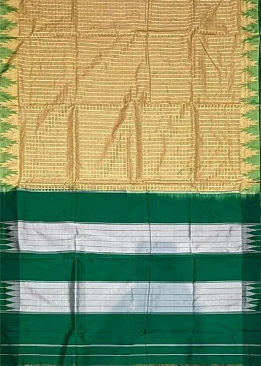 Graceful Gadwal Silk in Cream & Green Woven Check Saree with Temple Border - GET ESSENTIAL