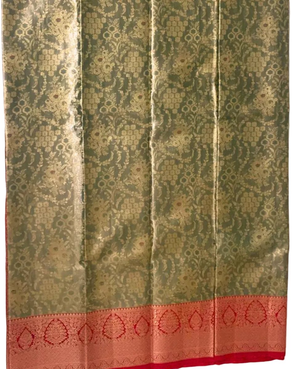 Olive Green and Red Kanjeevaram Silk Saree - GET ESSENTIAL