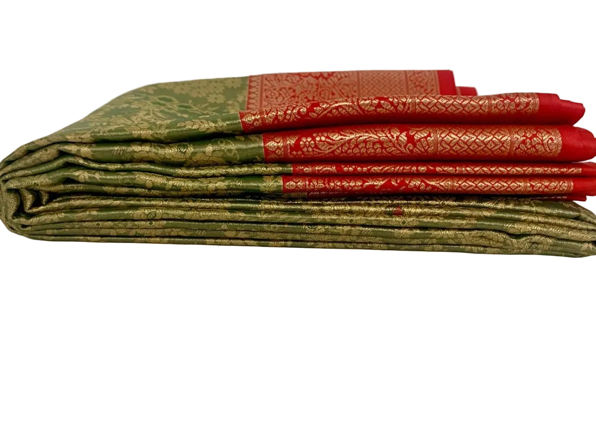 Olive Green and Red Kanjeevaram Silk Saree - GET ESSENTIAL