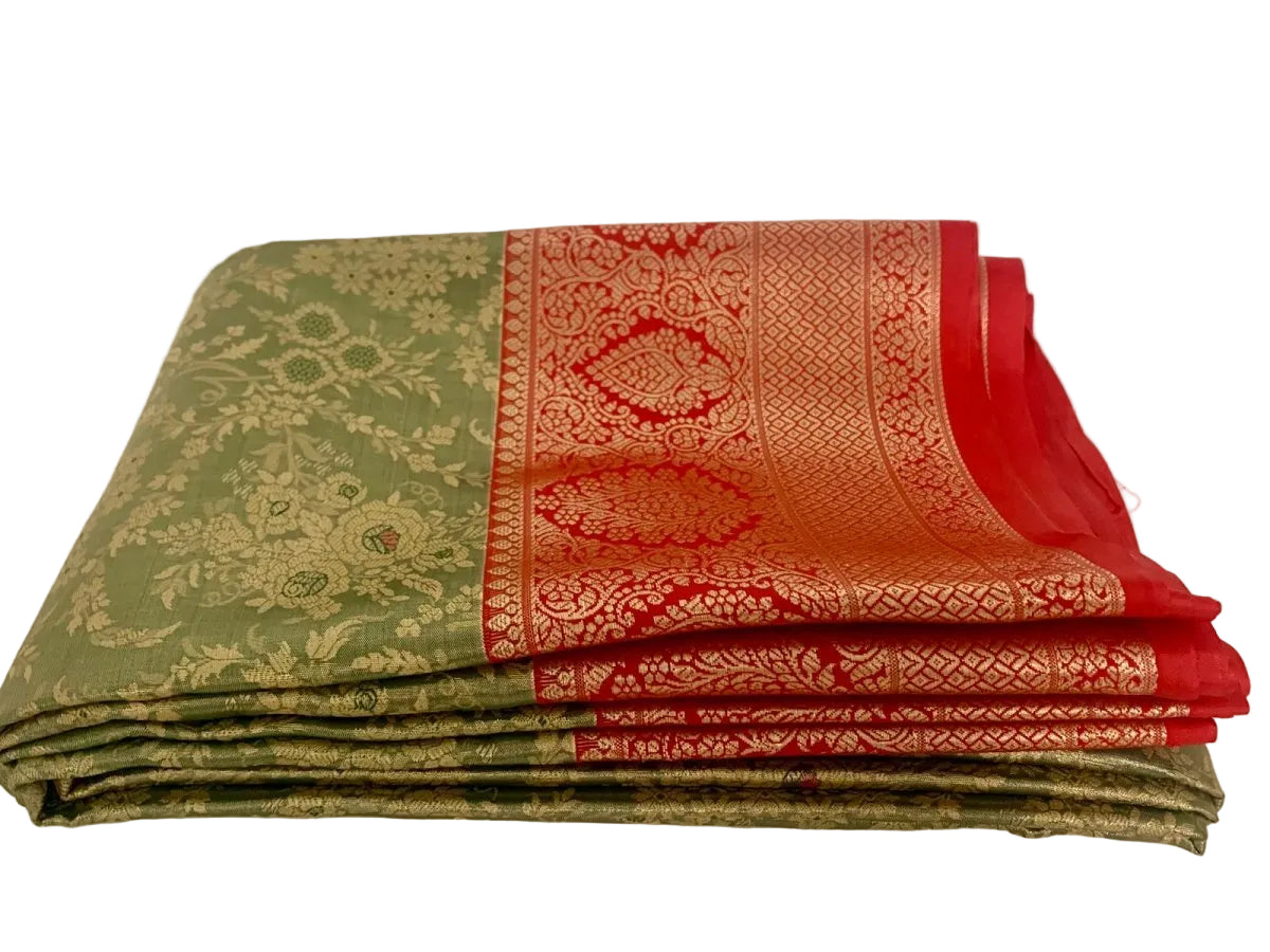 Olive Green and Red Kanjeevaram Silk Saree - GET ESSENTIAL