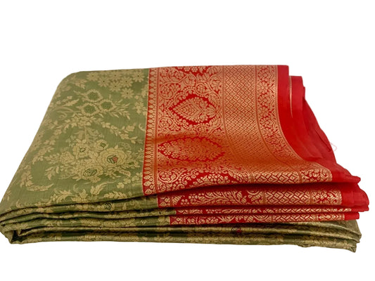 Olive Green and Red Kanjeevaram Silk Saree - GET ESSENTIAL