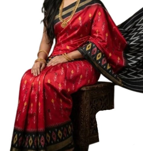 Red and Black Ikat Silk Saree - GET ESSENTIAL