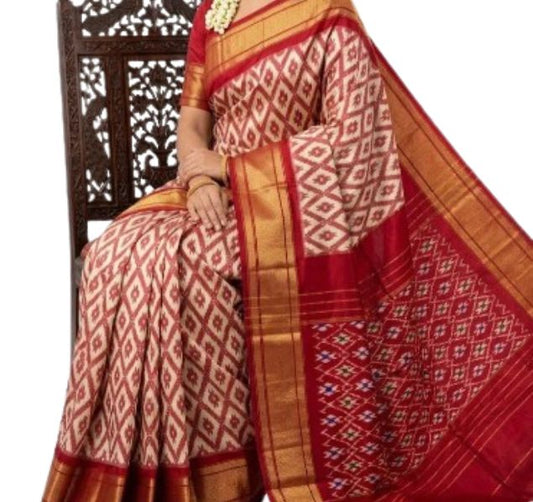 Red and Cream Pure Ikat Silk Saree with Rich Gold Zari Border - GET ESSENTIAL