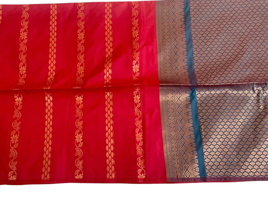 Red Soft Silk Saree with Blue Border - GET ESSENTIAL