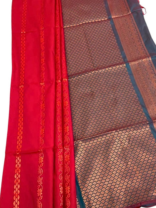Red Soft Silk Saree with Blue Border - GET ESSENTIAL