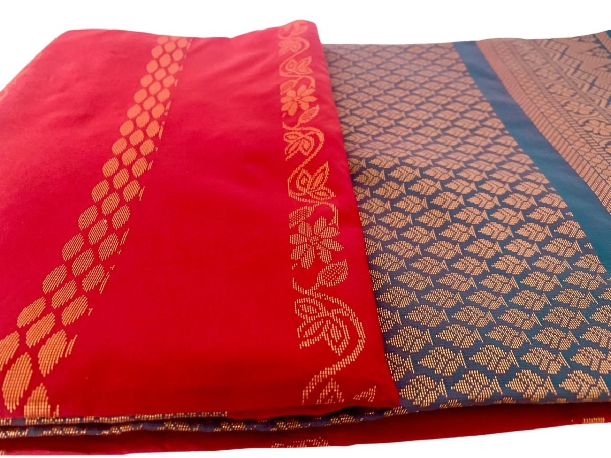 Red Soft Silk Saree with Blue Border - GET ESSENTIAL