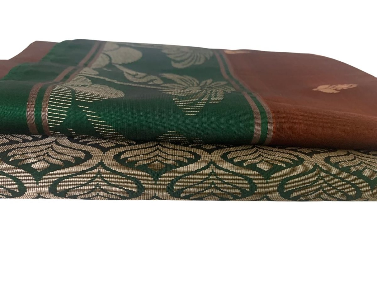 Rust Brown and Green Kanjeevaram Silk Saree with Zari Weave - GET ESSENTIAL