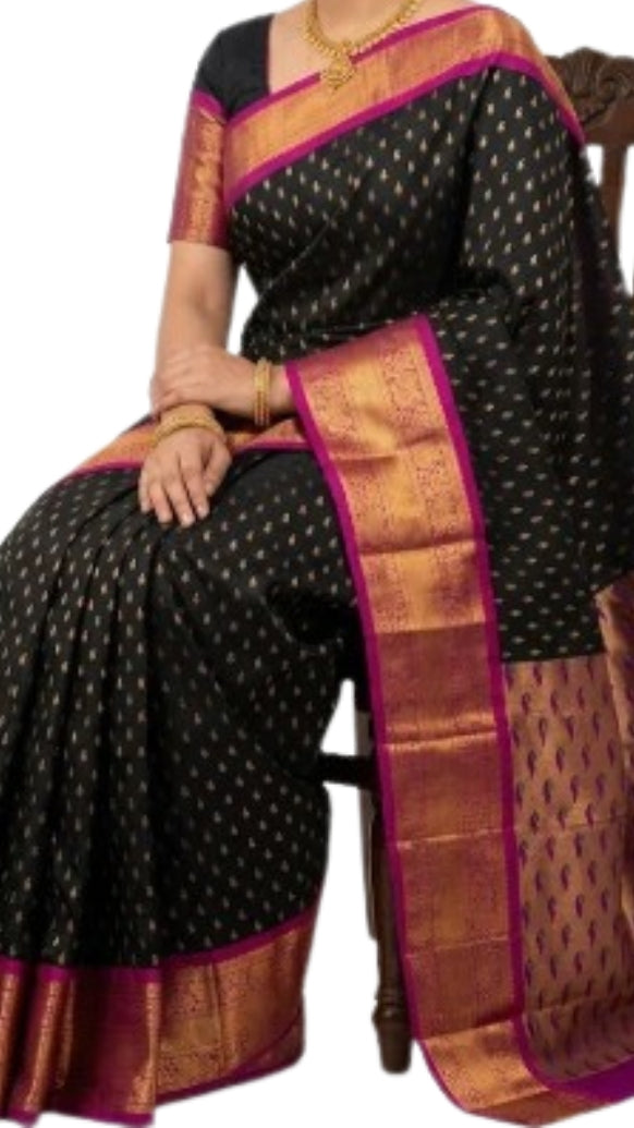 Elegant Black and Magenta Silk Saree with Rich Zari Work