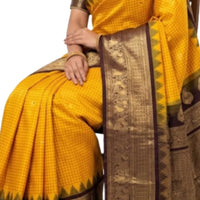 Traditional Mustard Yellow & Chocolate Brown Gadwal Silk Saree with Zari Border