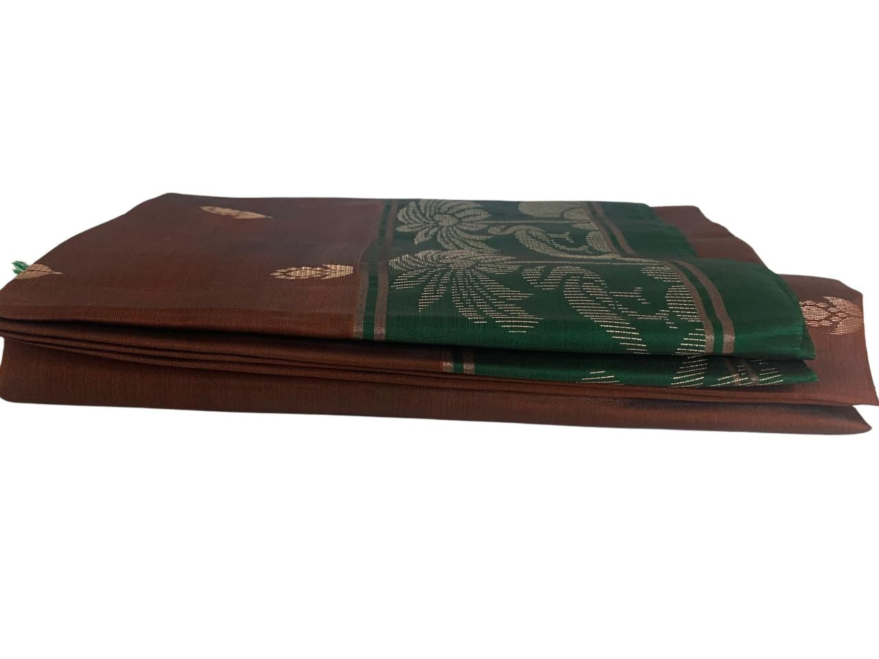 Rust Brown and Green Kanjeevaram Silk Saree with Zari Weave