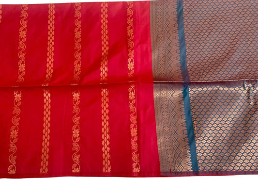 Red Soft Silk Saree with Blue Border