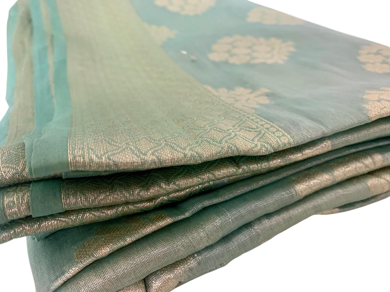 Aqua Blue Semi Banaras Saree