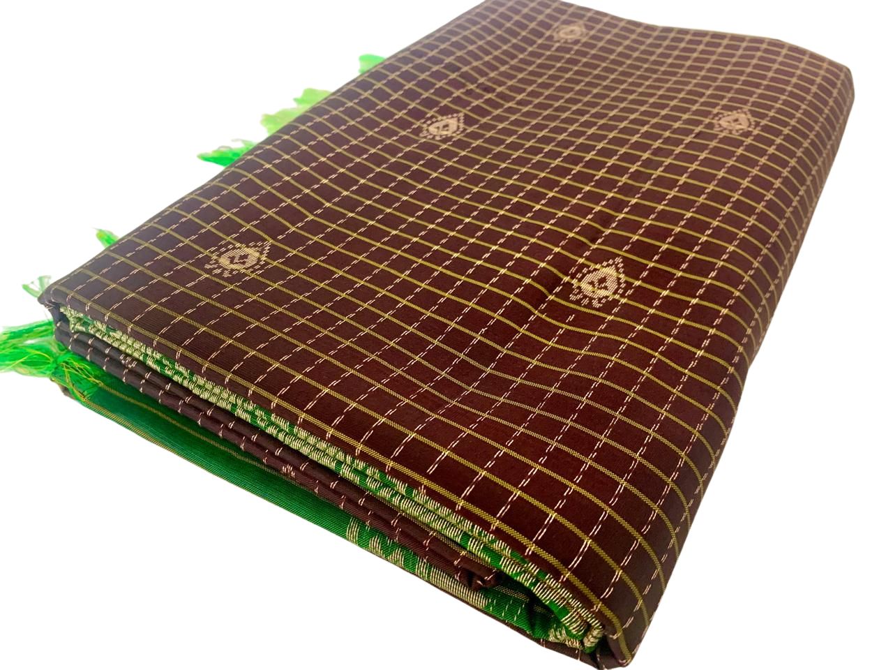 Brown and Green Kanjeevaram Silk Saree with Gold Zari Checks