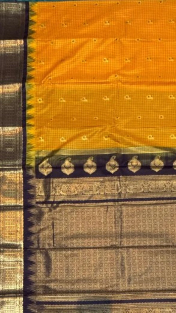 Traditional Mustard Yellow & Chocolate Brown Gadwal Silk Saree with Zari Border