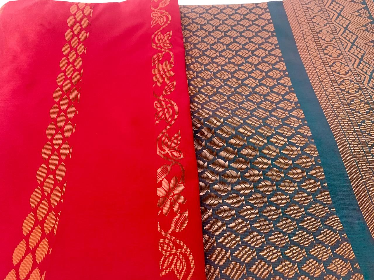 Red Soft Silk Saree with Blue Border