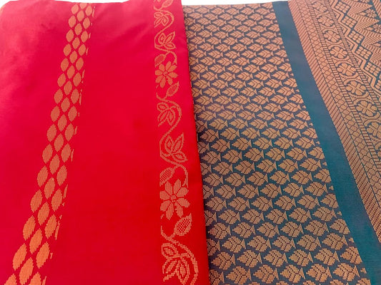 Red Soft Silk Saree with Blue Border