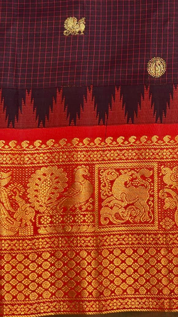 Gadwal Silk Saree in Maroon & Crimson Red with Gold Zari Weave